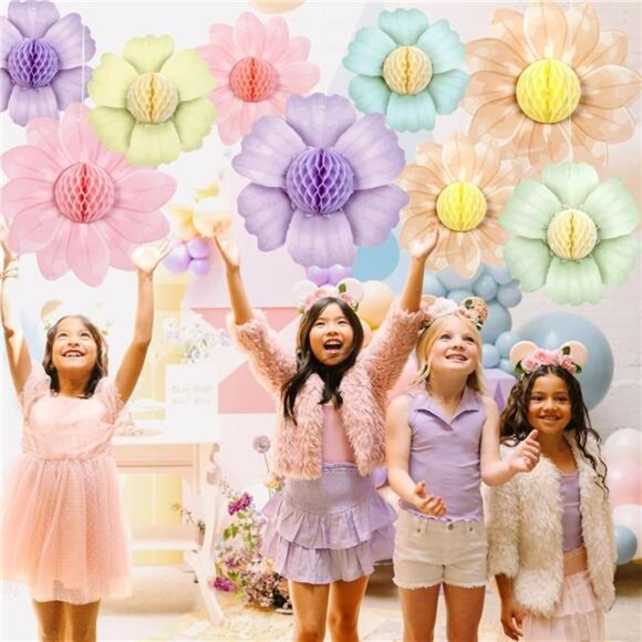 Pastel Rainbow Party Decorations 9 PCS Paper Flowers Honeycomb Birthday Wedding - Picture 6 of 7